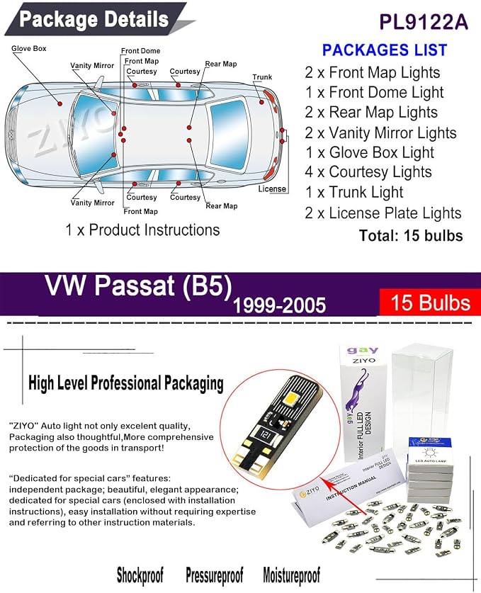 PL9122A Replacement for Volkswagen Passat B5 1999-2005 LED Interior Light kit, 6000K White LED Dome Light Bulbs Accessories Package Upgrade (15 Bulbs)