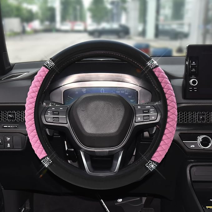 Bling Soft Leather Steering Wheel Cover, 15 Inch Colorful Rhinestones Auto Elastic Steering Wheel Protector for Women Girls, Car Accessories Anti Slip Steering Wheel Cover for Cars, SUVs (Pink)