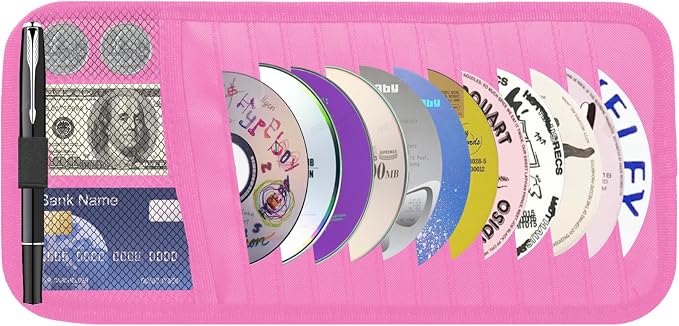 Car CD & DVD Holder - Large Capacity CD Visor Case, Vehicle Visor Storage Organizer with 12 Disc Sleeves, 1 Mesh Pocket 1 Pen Holder and & Elastic Band (Pink)