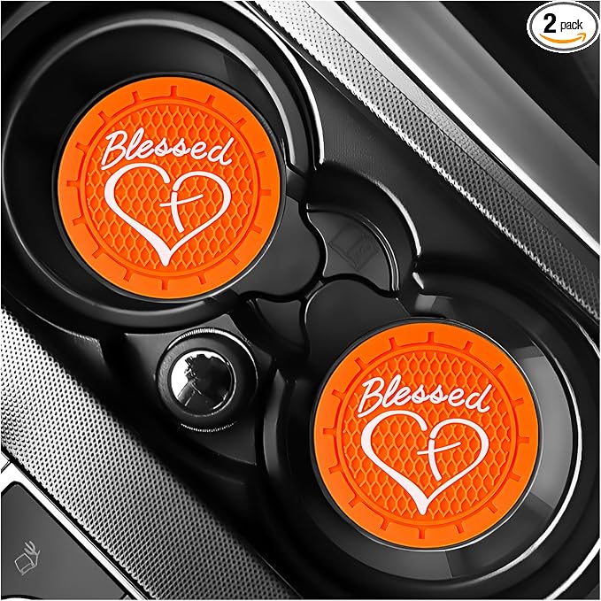 2 PCS Car Cup Holder Coaster, 2.76 Inch Non-Slip Auto Drink Mats with Blessed Cross and Heart, Shockproof Christian Cup Insert Coaster for Most Vehicles, Car Accessories (Orange)