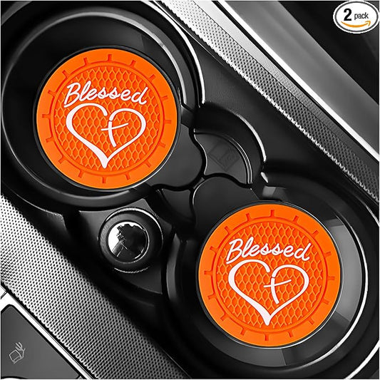 2 PCS Car Cup Holder Coaster, 2.76 Inch Non-Slip Auto Drink Mats with Blessed Cross and Heart, Shockproof Christian Cup Insert Coaster for Most Vehicles, Car Accessories (Orange)