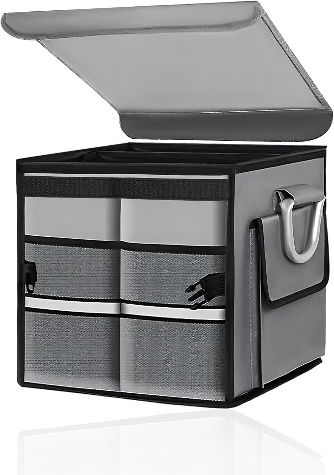 Car Trunk Organizer with Lid, 28L Collapsible Oxford Auto Storage Organizer with Reflective Strip & Handle, Multi-Purpose 2-Compartment Cargo Container for Cars SUVs Trucks (Gray)