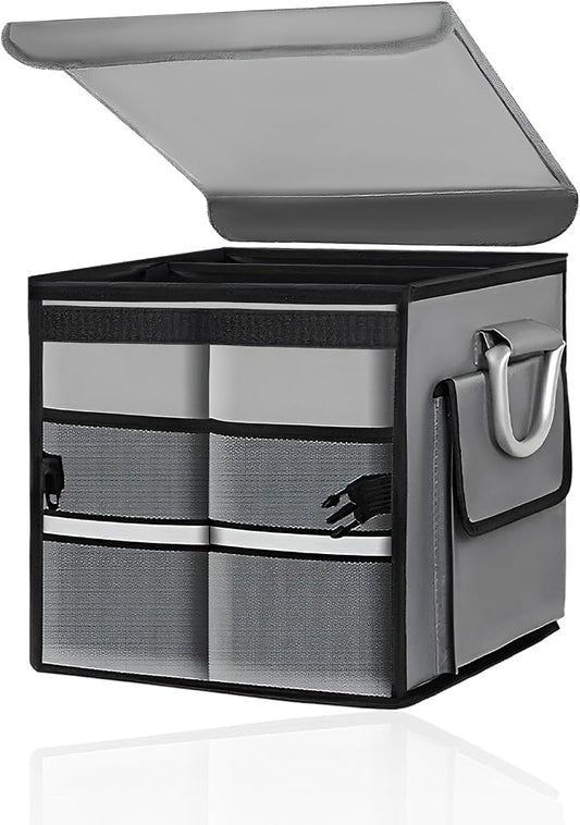 Car Trunk Organizer with Lid, 28L Collapsible Oxford Auto Storage Organizer with Reflective Strip & Handle, Multi-Purpose 2-Compartment Cargo Container for Cars SUVs Trucks (Gray)