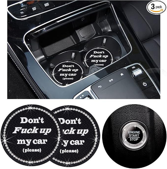 Ziciner 2 Pack Bling Car Cup Holder Coasters with Start Stop Button Cover, 2.75 inch Crystal Rhinestone Soft Rubber Auto Cup Insert Pad, Non-Slip Universal Vehicle Interior Accessories (Black)