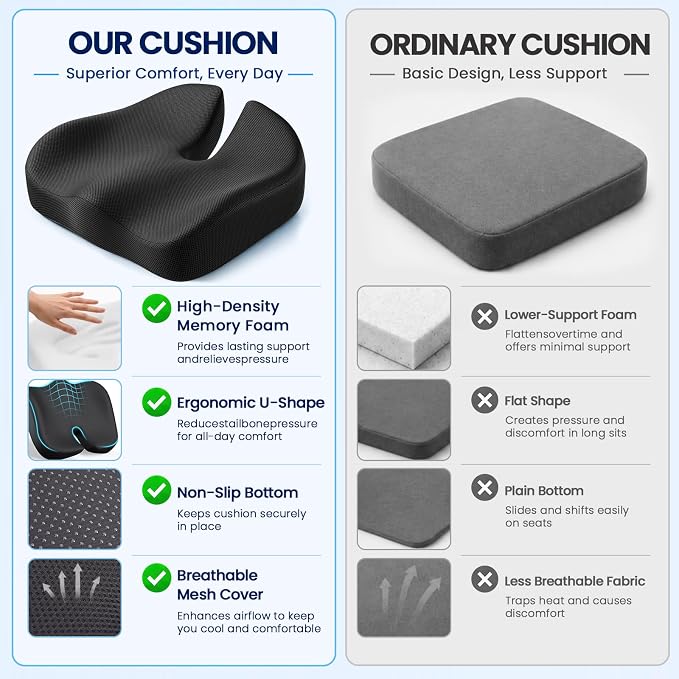 CJACSOC Seat Cushion, Extra Large Memory Foam Cushion for Office Chair Cushions, Ergonomic Cushions Pad Pillow for Pressure Relief Sciatica & Pain Relief for Long Sitting