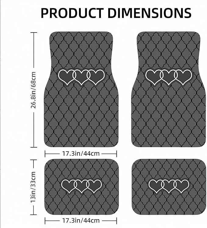 Universal Fit Car Floor Mats Set of 4Pcs, Gray Heart Pattern All-Weather Front Rear Car Carpet Mats, Non-Slip Car Floor Mat Car Accessories for Automotive Trucks SUV Sedans Vans