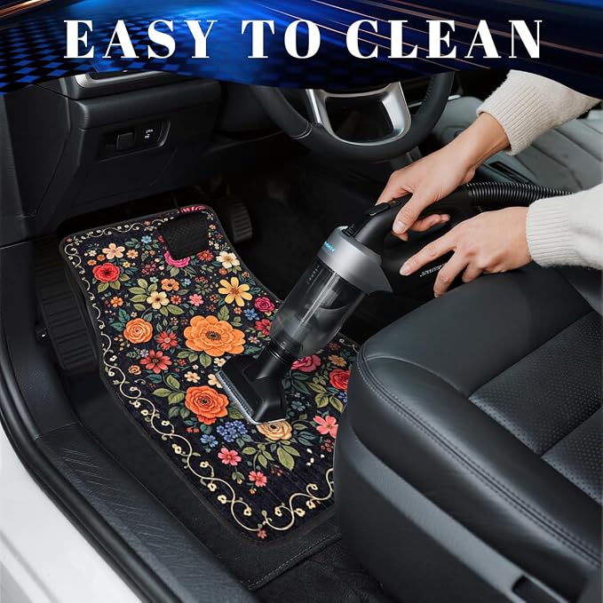 Flower Car Floor Mats Daisy Blue Butterfly Rustic Wooden Carpet Front Rear Carpets Mat Decorative Car Floor Carpets Non-Slip Auto Car Accessories Universal Fit for Car SUV Truck Van