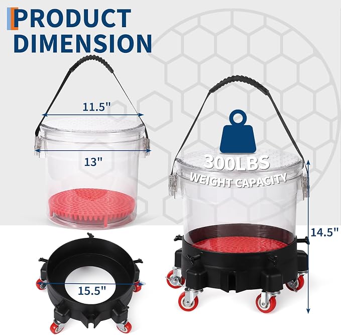 5 Gallon Car Wash Bucket Kit w/ 5-Caster Dolly, 15.5L Bucket, Filter Grids, Rubber Handle and Lid, 300LB Capacity Rolling Detailing System for Auto Cleaning, Heavy-Duty (Transparent)