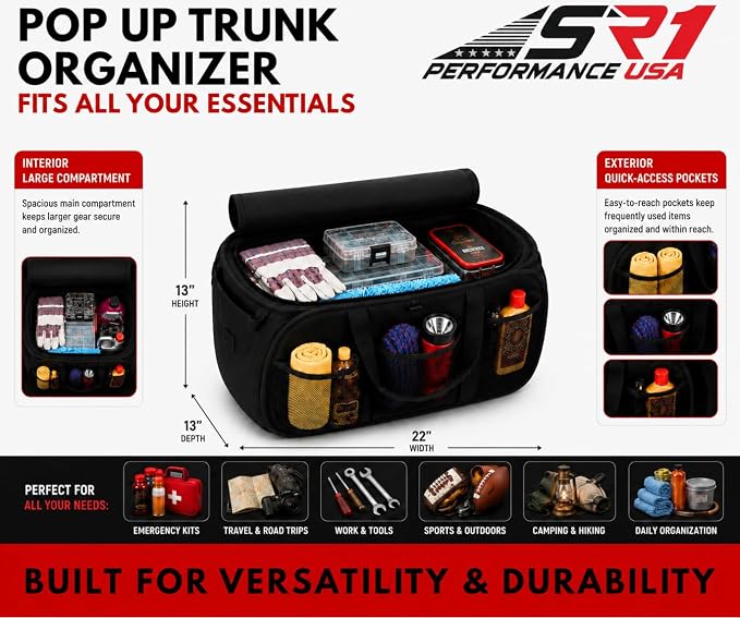 SR1 Performance USA C8 Corvette Trunk Organizer – Expandable Pop Up Collapsible Cargo Storage Caddy for 2020-2026 Chevrolet Corvette Stingray, Z06 & E-Ray – Black with Crossed Flags Logo