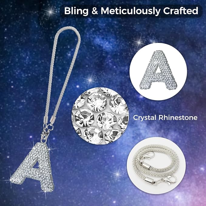 Bling Car Letter Charm, Rear View Mirror Ornament Cute Hanging Crystal Pendant Bling Car Accessories, Lucky Diamond Rhinestone Women Charm Auto Decoration (White A)