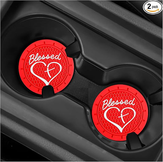 2 PCS Car Cup Holder Coaster, 2.76 Inch Soft PVC Non-Slip Blessed Cross and Heart Christian Car Cup Coasters, Auto Interior Shockproof Insert Drink Mat for Most Vehicles (Red)