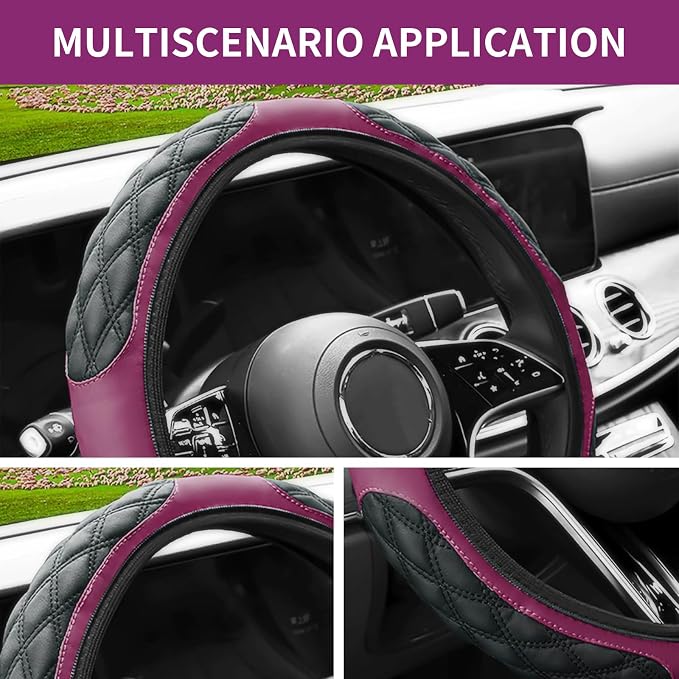 15 Inch Leather Steering Wheel Cover, Automotive Accessories Breathable Anti-Slip Elastic Soft Wheel Protector, Fit for Most SUVs Trucks and RVs (Purple)