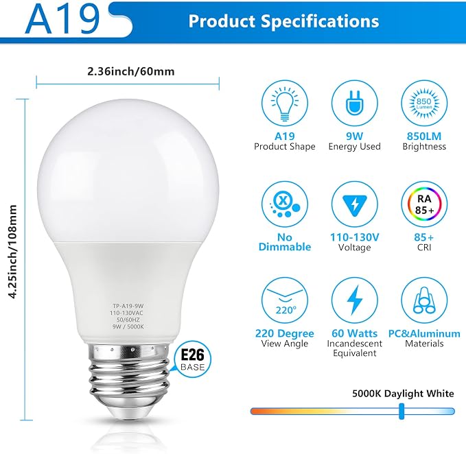 Maylaywood A19 LED Light Bulbs, 60 Watt Equivalent, 5000K Daylight White, 850LM, Non-Dimmable, E26 Base, 9W Bright White LED Bulbs, 10-Pack