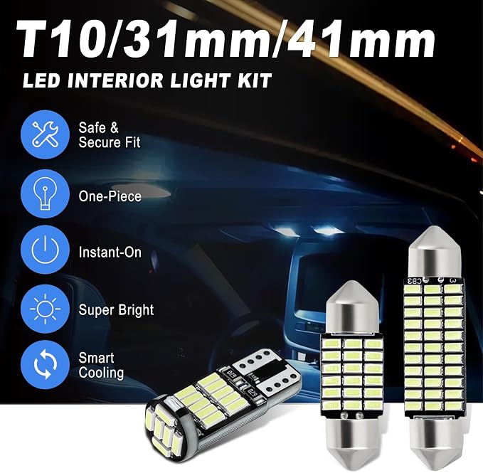 20 PCS Car LED Lights Interior Bulb Kit Set, T10 31mm 41mm LED Dome Lights Interior Replacement for Car Map, License Plate, Door, Side Marker, Cornering & Trunk Bulbs (Ice Blue)