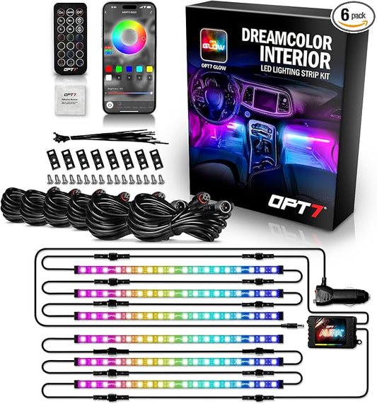 OPT7 Aura DreamColor RGBIC Interior SUV & Van Lights with App & Remote | Chasing Rainbow Effects, Extended Footwell Ambient Lighting, Full SUV Coverage, 3-Row Car Decor, Music Sync, 6PC Kit