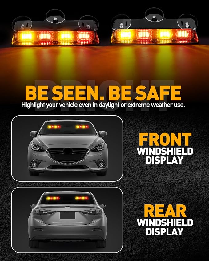 HLauto 2002L Emergency Dash Strobe Lights: Amber Red Safety Lights, Flashing Warning Hazard Windshield Visor Traffic Light Bars for Trucks, Construction Vehicles (2x8.5 inch, 48LED)