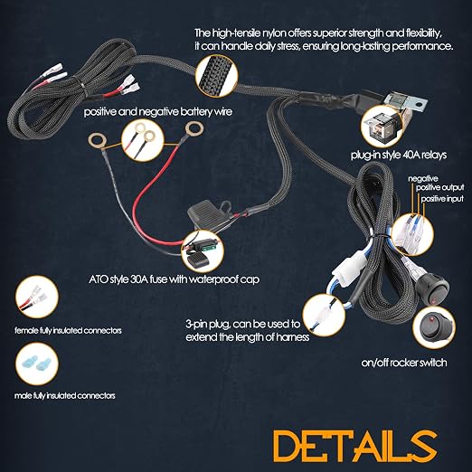 Wiring Harness 1 Lead, Nirider 12V 40A Rocker Switch Relay Fuse Nylon Wiring Harness Kit for LED Light Bars Fog Lights Work Lights Driving Lights Offroad LED Pods Wire Kit for Truck UTV ATV Boat