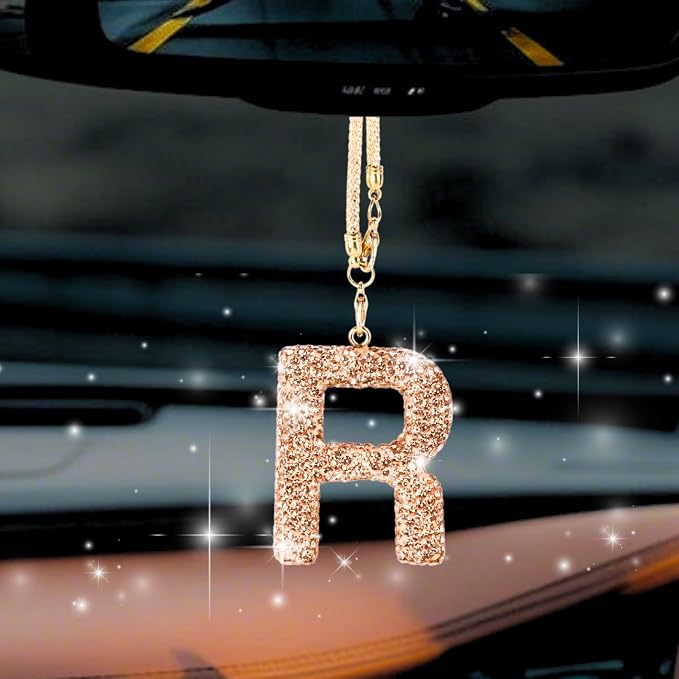 Bling Car Accessories for Women Letter Charm, Rainbow Crystal Rearview Mirror Pendant, Cute Diamond Rhinestone Car Decor, Lucky Gift for Women(R, Champagne Gold)