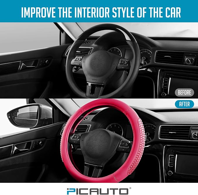 PIC AUTO Steering Wheel Cover, HotPink Leather, Fits 14.5-15.5 Inch Wheels | Universal Steering Wheel Cover with Anti-Slip Grip, Durable Car Interior Accessory, Fits Most Cars, SUVs, Trucks and Vans