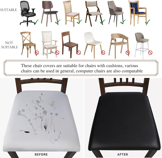 SearchI Waterproof PU Leather Seat Covers for Dining Chairs, 4 Pack Stretch Dining Room Chair Seat Covers, Kitchen Chair Seat Covers Protectors (Black)