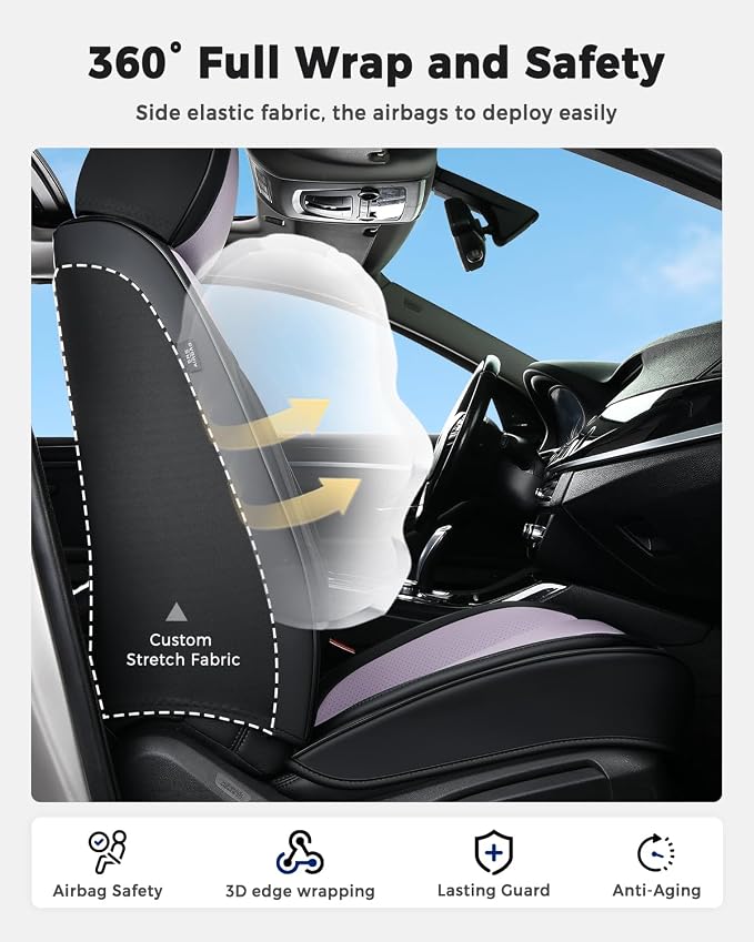Huidasource Full Set Car Seat Covers, Durable Waterproof Faux Leather, Universal Fit for Most Cars, SUVs & Trucks, Airbag Compatible, Wear Resistant for Commutes & Road Trips, Black & Purple