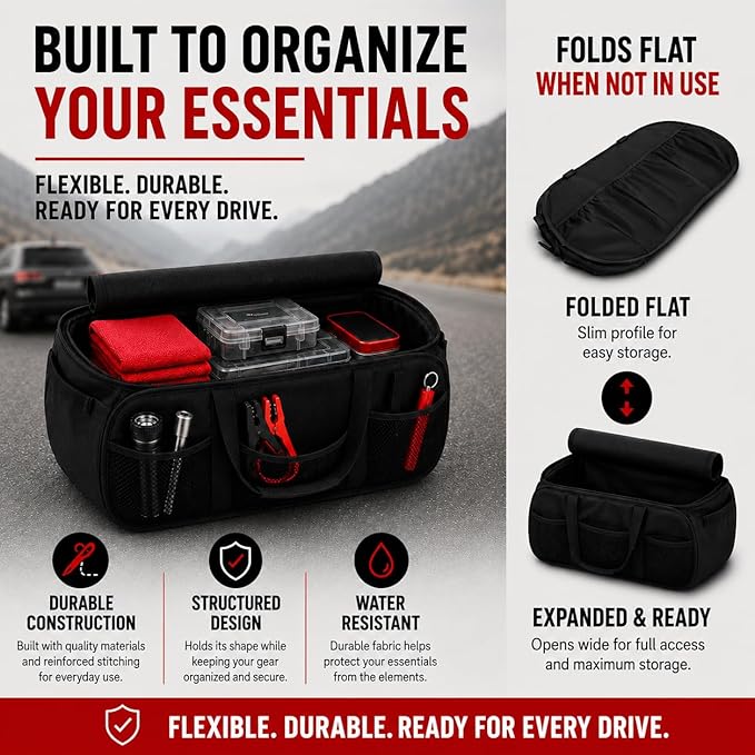 SR1 Performance USA GMC Denali Cargo Organizer – Expandable Pop Up Collapsible Trunk Storage Caddy for GMC Trucks & SUVs – Black with Denali Logo