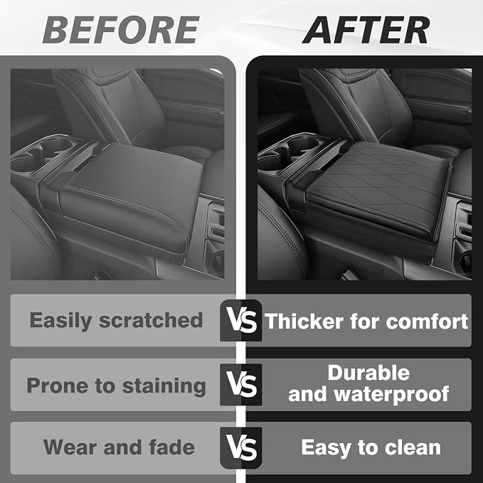 Muslogy Center Console Armrest Cover Fit for Ford F-150 F150 2021-2025 2026 Accessories, Comfort Armrest Pad Console Lid Cushion Vegan Leather 1-Inch Extra Thick(WorkSurface ONLY)