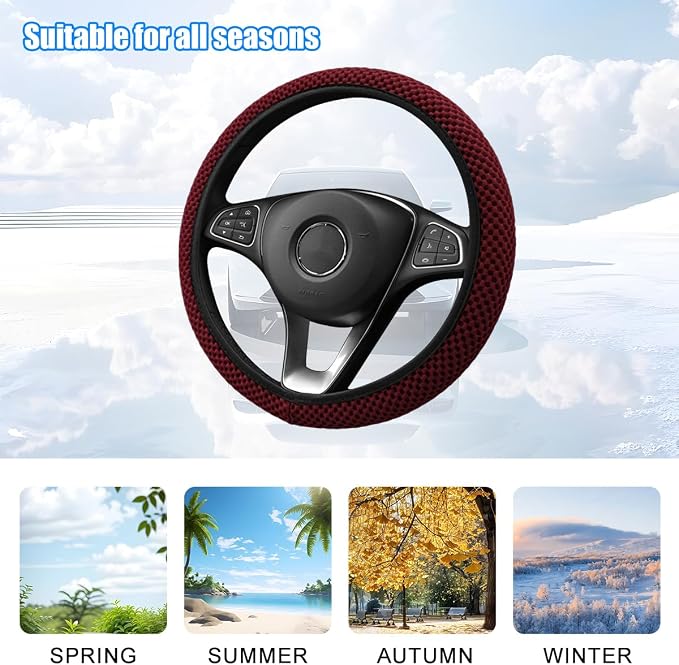 Car Elastic Stretch Steering Wheel Cover, 14.5-15" Breathable Ice Silk Anti-Slip Vehicle Steering Wheel Protector, Comfy Auto Interior Protection Accessories, Universal Fit (Wine Red)