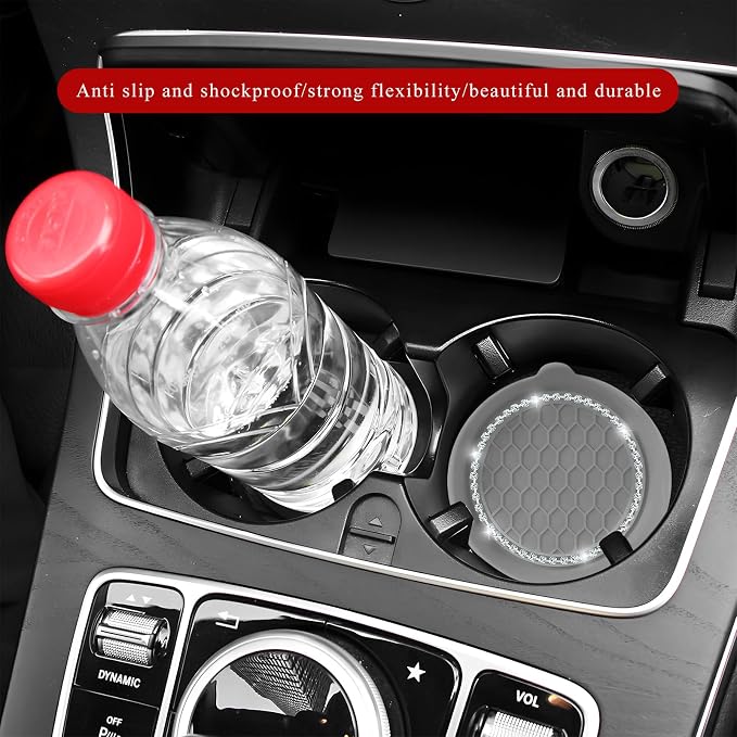 Sun Walker 4 PCS Bling Car Cup Holder Coaster, Non Slip Sparkly Rhinestone Cup Holder Pad Insert Coaster, Shockproof Silicone Shiny Embedded Drink Mat Interior Decor for Most Vehicles (Gray)