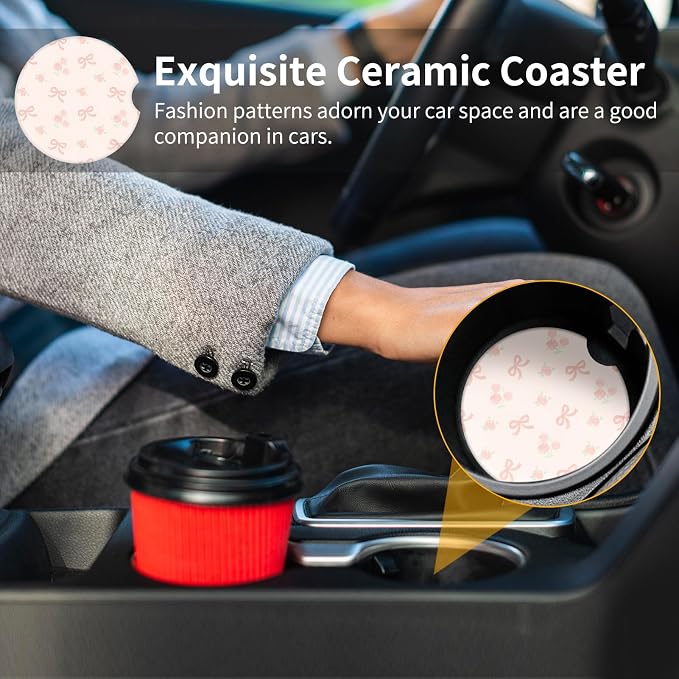 Cute Bowknot Car Coasters,Absorbent 2 Pack for Cup Holders with Finger Notch,2.56 inches Ceramics Heat Resistant Anti Slip Cork Base Car Drinks Coasters Auto Cup Holder