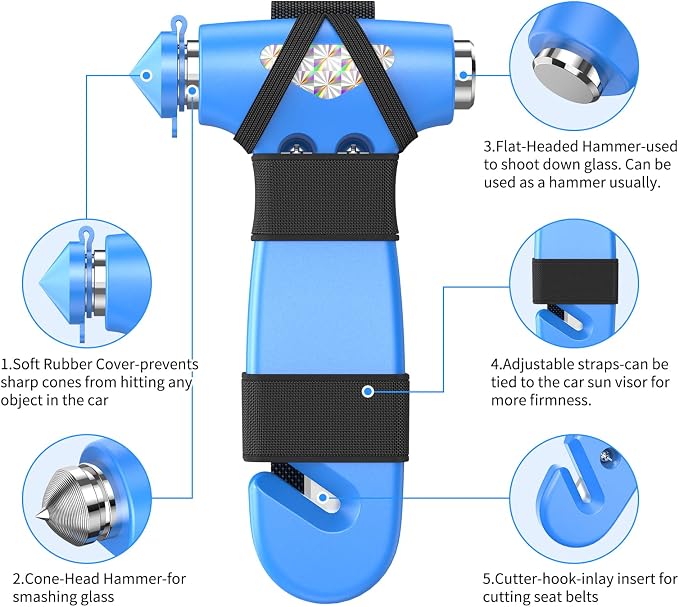 Car Safety Hammer, 3-in-1 Emergency Escape Tool with Window Breaker and Seat Belt Cutter, Safety Emergency Car Escape Tool for Car, Office, Home, Blue
