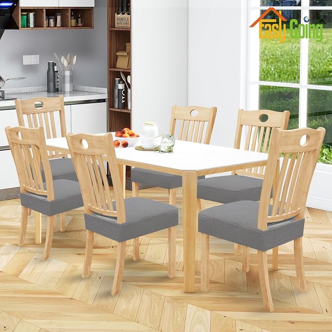 Easy-Going 100% Waterproof Seat Covers for Dining Room Chairs, Stretch Jacquard Chair Seat Slipcovers Removable and Washable Kitchen Dining Chair Covers (Set of 6, Light Gray)