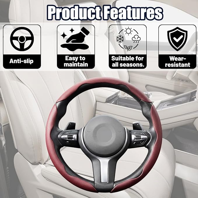 3PCS Car Steering Wheel Cover, 14.5-15" Breathable Nappa Leather Segmented Steering Wheel Protector with Non-Slip Grip, Stylish Auto Decor Accessories, Universal for Vehicles (Wine Red)