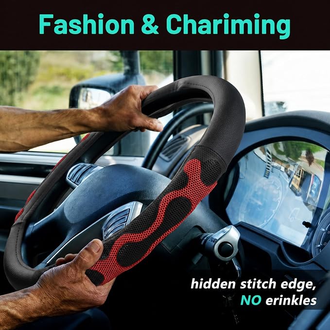 DaisyInner 17.5-18 Inch Steering Wheel Cover for Semi Truck No-Slip & Comfy Grip for Semi Trucks, Rv, Big Rig and 18 Wheelers(Mesh D,Leather,Red)