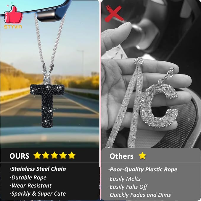 Letter T Bling Black Car Accessories Interior for Women, Interior Charm Rear View Mirror Cute Crystal Pendant Car Decorations for Men, Lucky Gifts Diamond Rhinestone