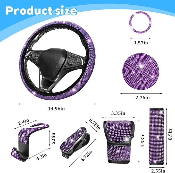 8PCS Bling Car Accessories Set, Sparkly Rhinestone Vehicle Steering Wheel Seat Belt Gear Shift Start Stop Button Cover, Diamond Auto Cup Holder Coaster Decoration, Universal Fit (Purple)