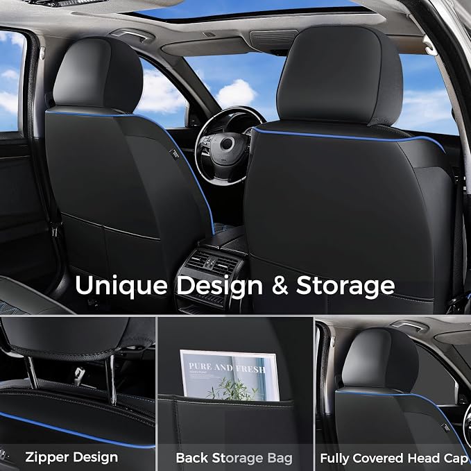 Huidasource Seat Covers Full Set, Seat Covers Nappa Leather Universal Fit for Most Cars, Vans, Trucks, SUVs, Compatible with Airbags, Blue Car Seat Covers Velcro Adjustable (Full Set/Black&Blue)