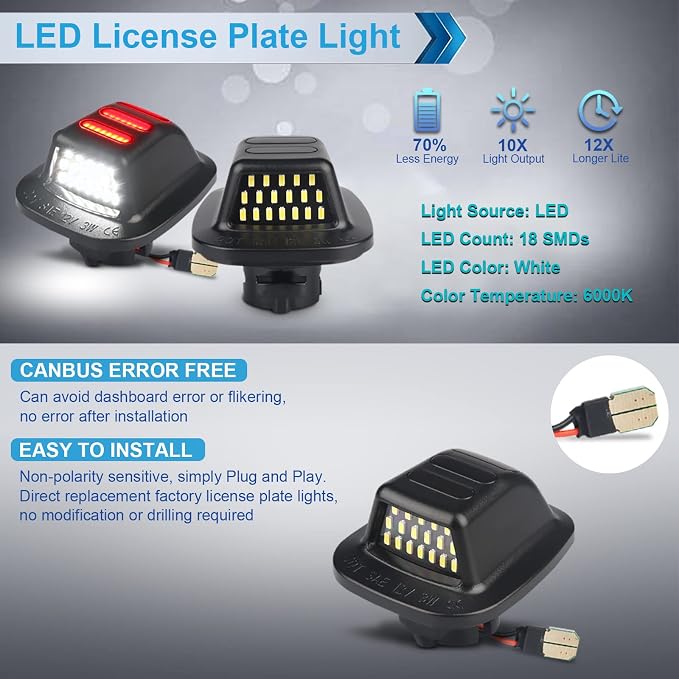 LED License Plate Light Lamp with Red OLED Neon Tube Compatible with Chevy K1500 C1500 1988-1999, Silverado Sierra 1988-1998, Tahoe Yukon Suburban S10 Black housing 6000K White, Pack of 2
