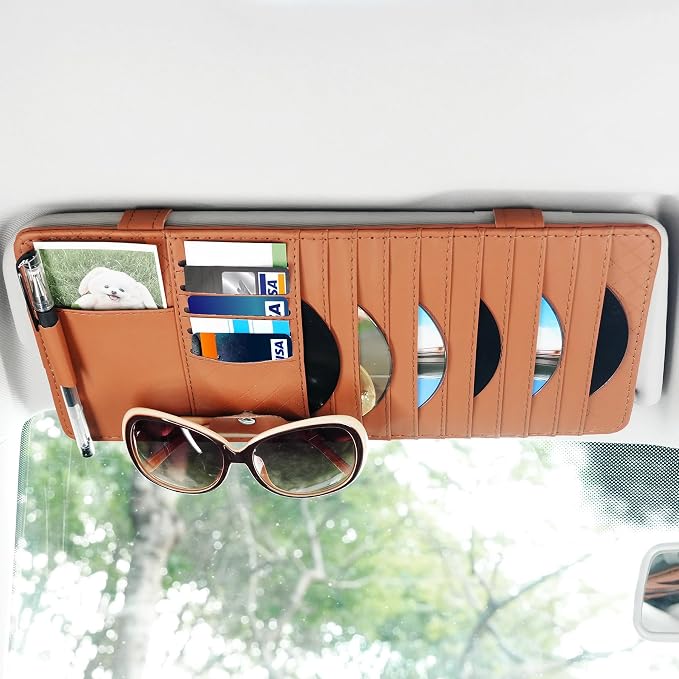alpmosn Sun Visor CD Case Holder for Car - Multi-Function Visor Organizer with CD/DVD Storage, Eyeglass Clip, Card Slots & Pen Holder, Durable Leather Car Accessories (Orange)
