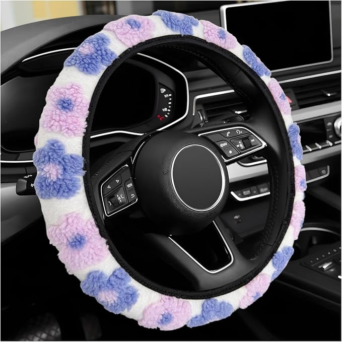 Plush Flowers Steering Wheel Cover, 15 inch Anti-Slip Breathable Steering Wheel Protector Cute Floral Decor, Elastic Soft Wheel Cover Universal Fit for Most Vehicles (Light Purple)