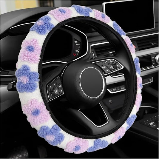 Plush Flowers Steering Wheel Cover, 15 inch Anti-Slip Breathable Steering Wheel Protector Cute Floral Decor, Elastic Soft Wheel Cover Universal Fit for Most Vehicles (Light Purple)