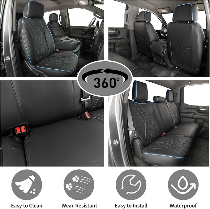 EKR Silverado Seat Covers Custom Fit for (Double Cab) 2014-2018 Chevrolet Silverado 1500 & HD 2500/3500 LT/LTZ/Custom,Leather Car Seat Cover Full Set,Faux Leather (Black with Blue Trim)