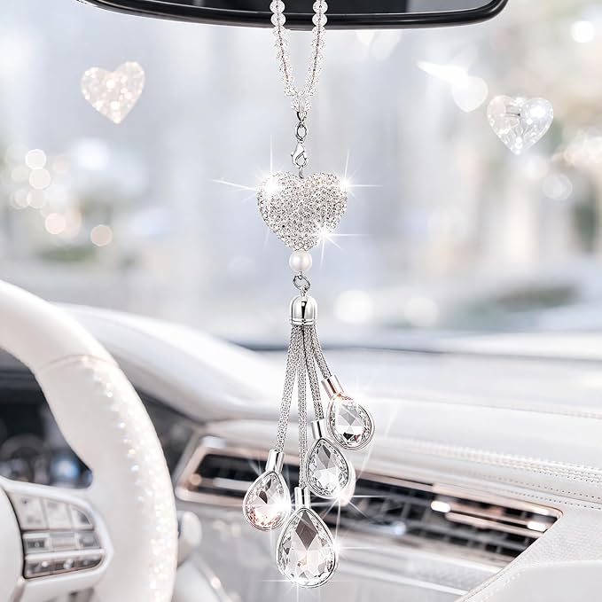 Frienda Bling Car Rear View Mirror Accessories for Women Gift Cute Heart Crystal Hanging Charm Diamond Decoration Lucky Interior Ornament Pendant(9.8 Inch,White)