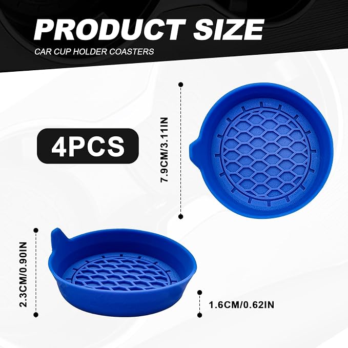 4-Pack Universal Cup Holder Coasters, Black Silicone Inserts - Keep Your Car Clean with Non-Slip & Spill-Proof Coasters for All Vehicles (Blue)