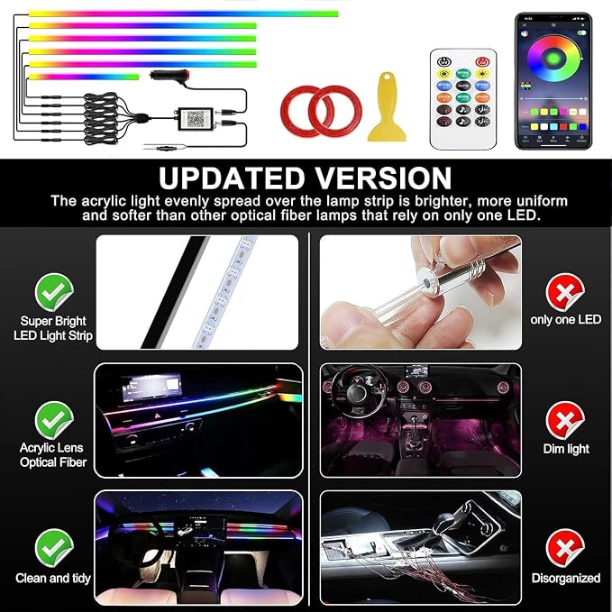 Interior Car LED Strip Lights, Acrylic LED Lights for Car with Dynamic Dreamcolor Chasing, Ambient Lighting Kits Music Sync Wireless APP and Remote Control (6 in 1) 175 inches 593 LEDs