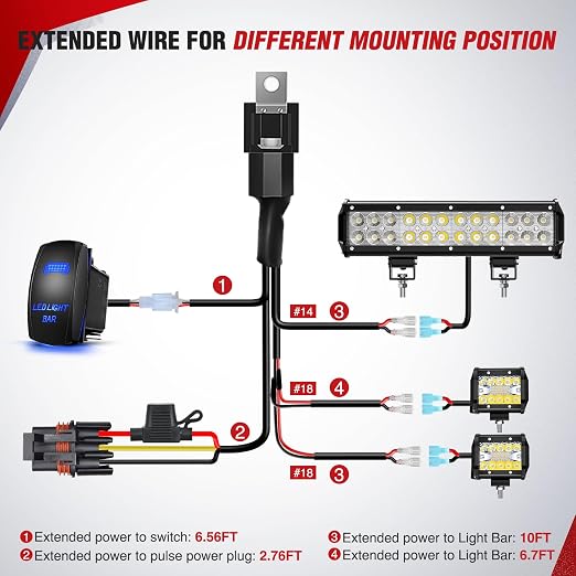 Nilight 14AWG 18AWG LED Light Bar Wiring Harness Kit with Pulse Power Plug | Connector 12V On Off 5Pin Rocker Switch Relay Fuse for Polaris RZR General Ranger Pulse Bus bar - 3 Leads Blue