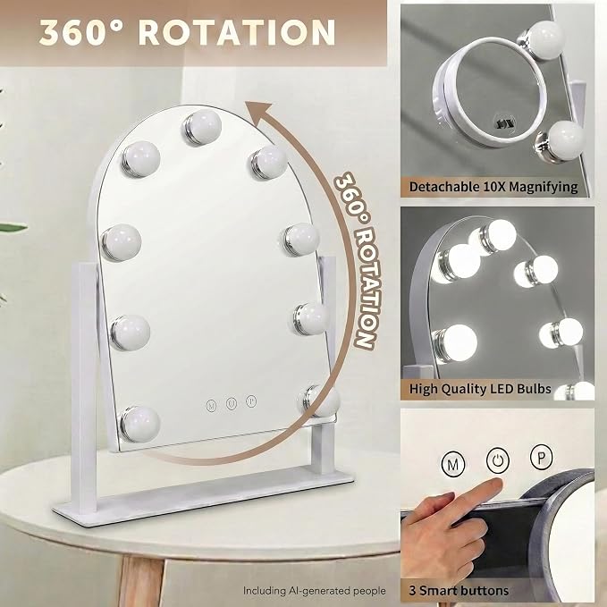 Arched Makeup Vanity Mirror with LED Lights Makeup Mirror Detachable 10X Magnification, Hollywood Make Up Mirror with Lighting, Smart Touch, Rechargeable,360° Rotation,White 14.17"x 11.81"