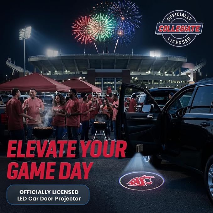 Sporticulture American Football Washington State Cougars Car Door Lights Logo Shadow Display - Officially Licensed NCAA Car Accessories - Show Your Team Pride - Battery Powered, Universal Fit