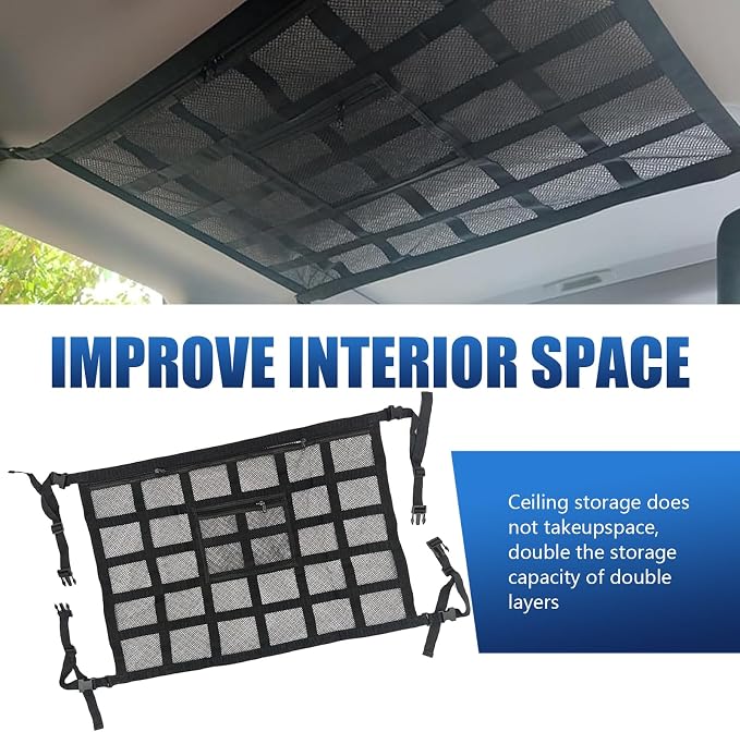 Car Ceiling Cargo Net Pocket, Black, Universal Heavy Duty Automotive Roof Storage Accessories for Truck SUV Car with Buckle Fasteners, Polyester Mesh, 31.49In x 21.25In