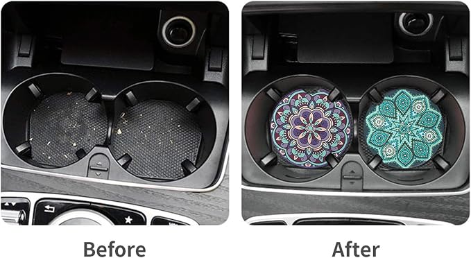 Vaincre 4 Pack 2.56" Car Coasters for Drinks Absorbent, Mandala Ceramic Cup Holder Coaster for Your Car with Fingertip Grip, Removable Cute Auto Accessories, Keep Vehicle Clean for Women & Girls